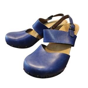 Dansko Women’s 36 Blue Leather Thea Strappy Heeled Clog Sandals